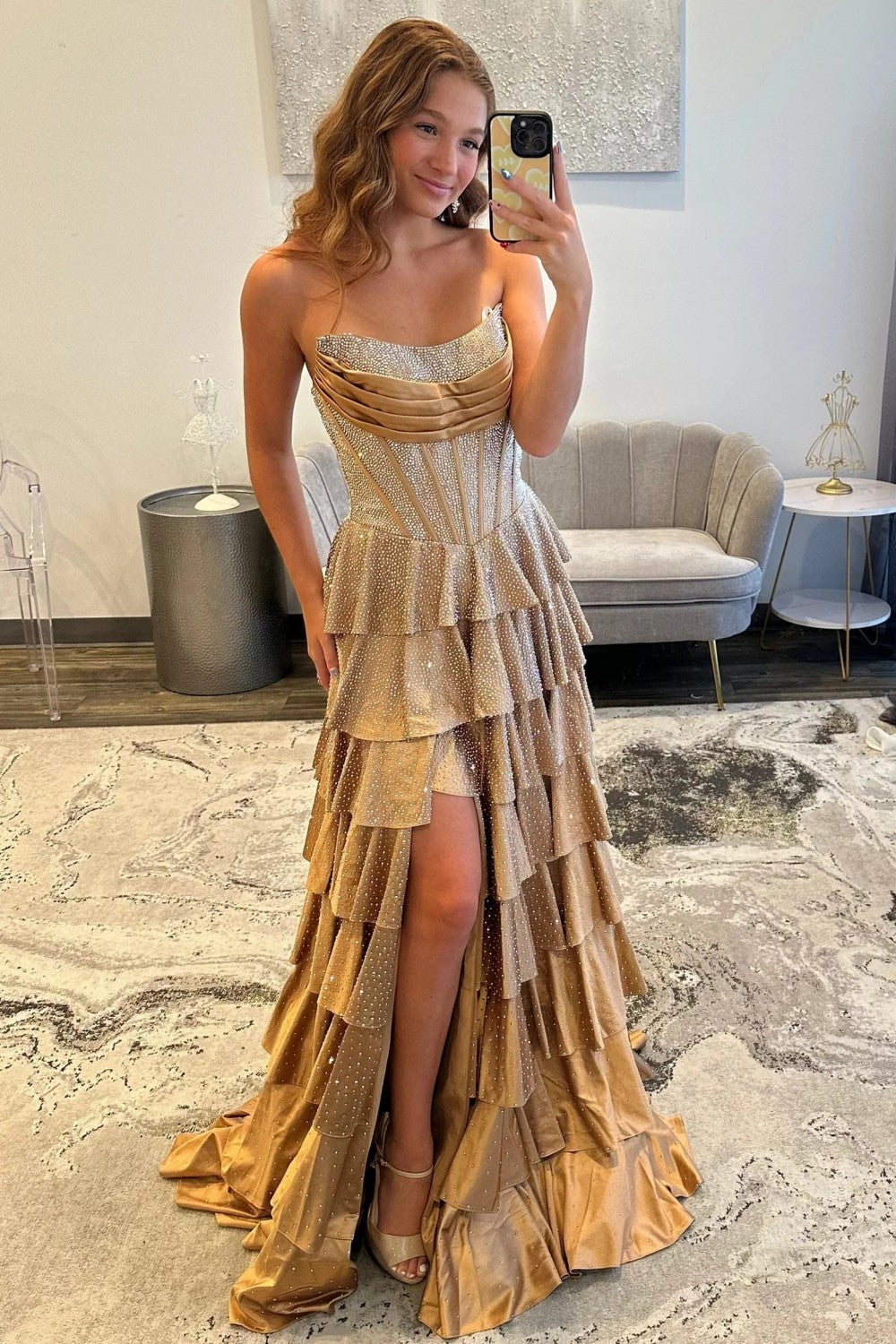 Trendy Sparkly Champagne Corset Beaded Prom Dress with Tiered Ruffles and Front Slit