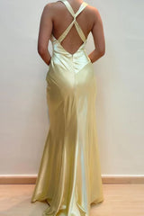 V-Neck Cross Back Yellow Satin Prom Gown with Ruched Detailing