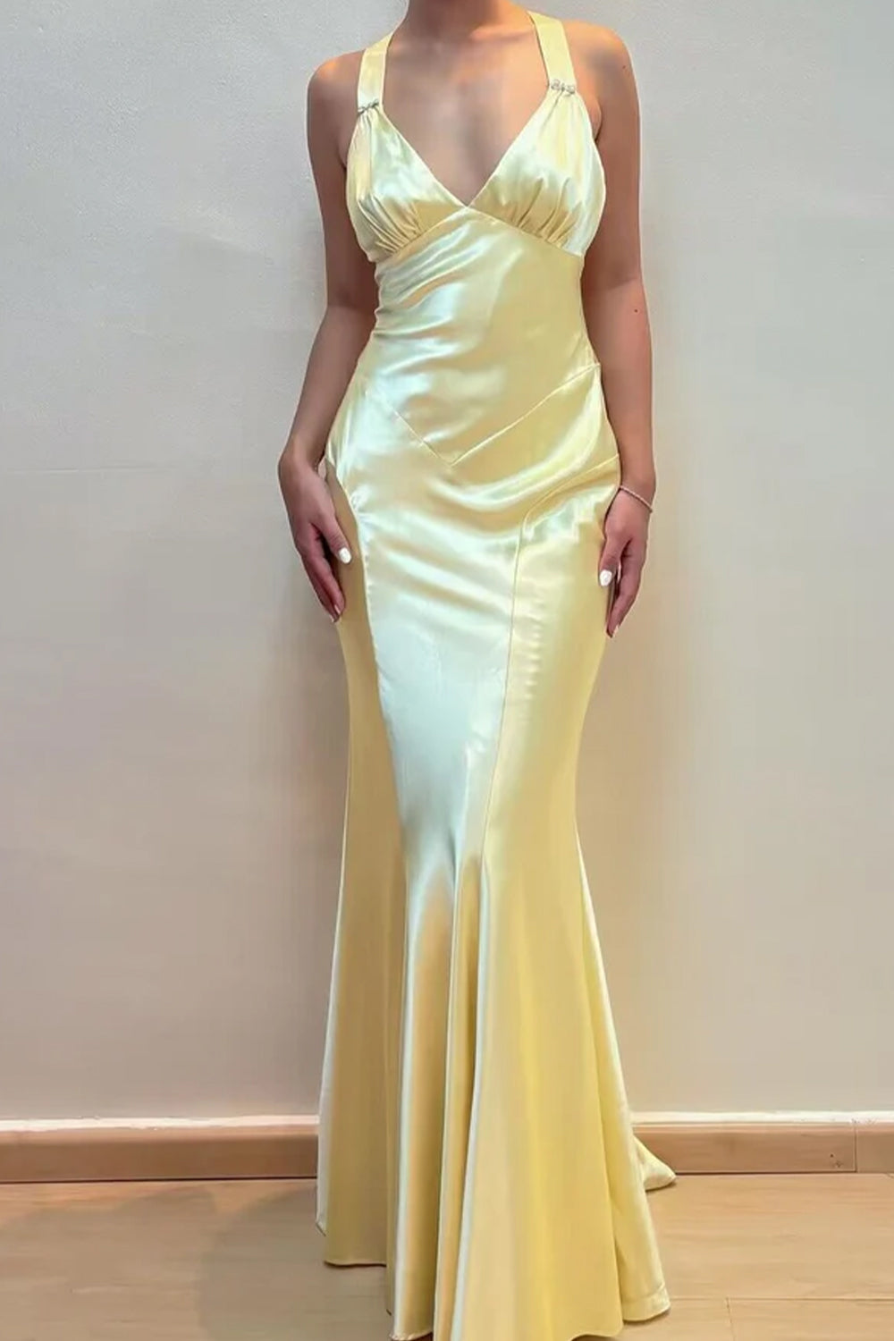 V-Neck Cross Back Yellow Satin Prom Gown with Ruched Detailing