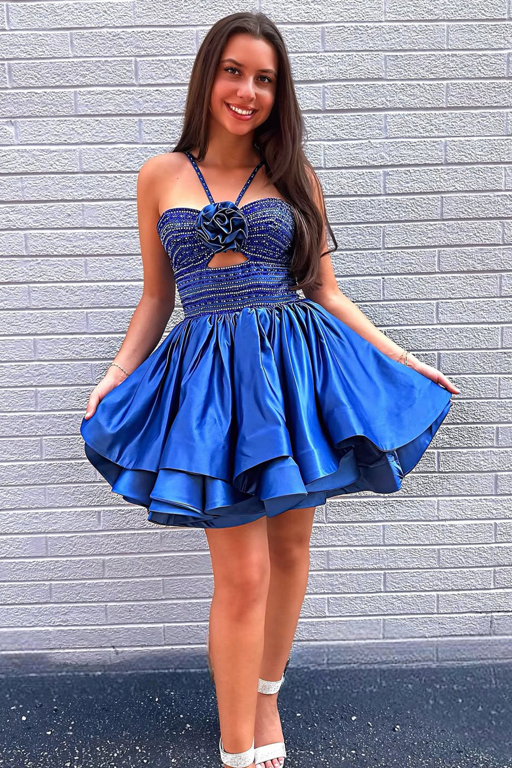 Vibrant Royal Blue A-Line Halter Neck Beaded Top Short Satin Homecoming Dress