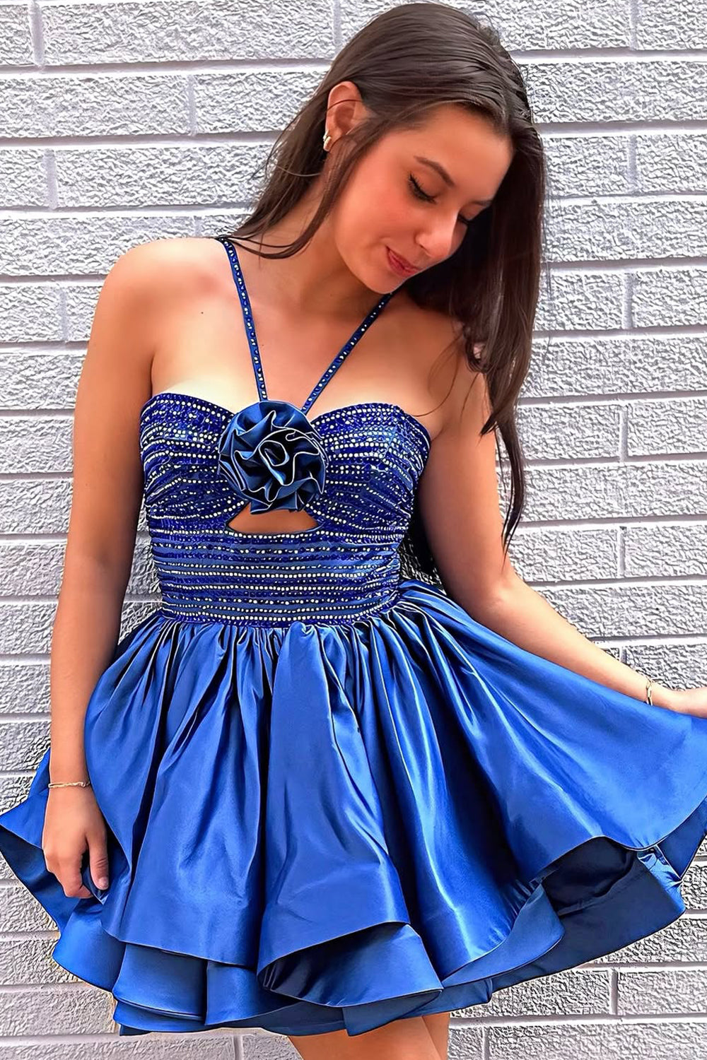 Vibrant Royal Blue A-Line Halter Neck Beaded Top Short Satin Homecoming Dress