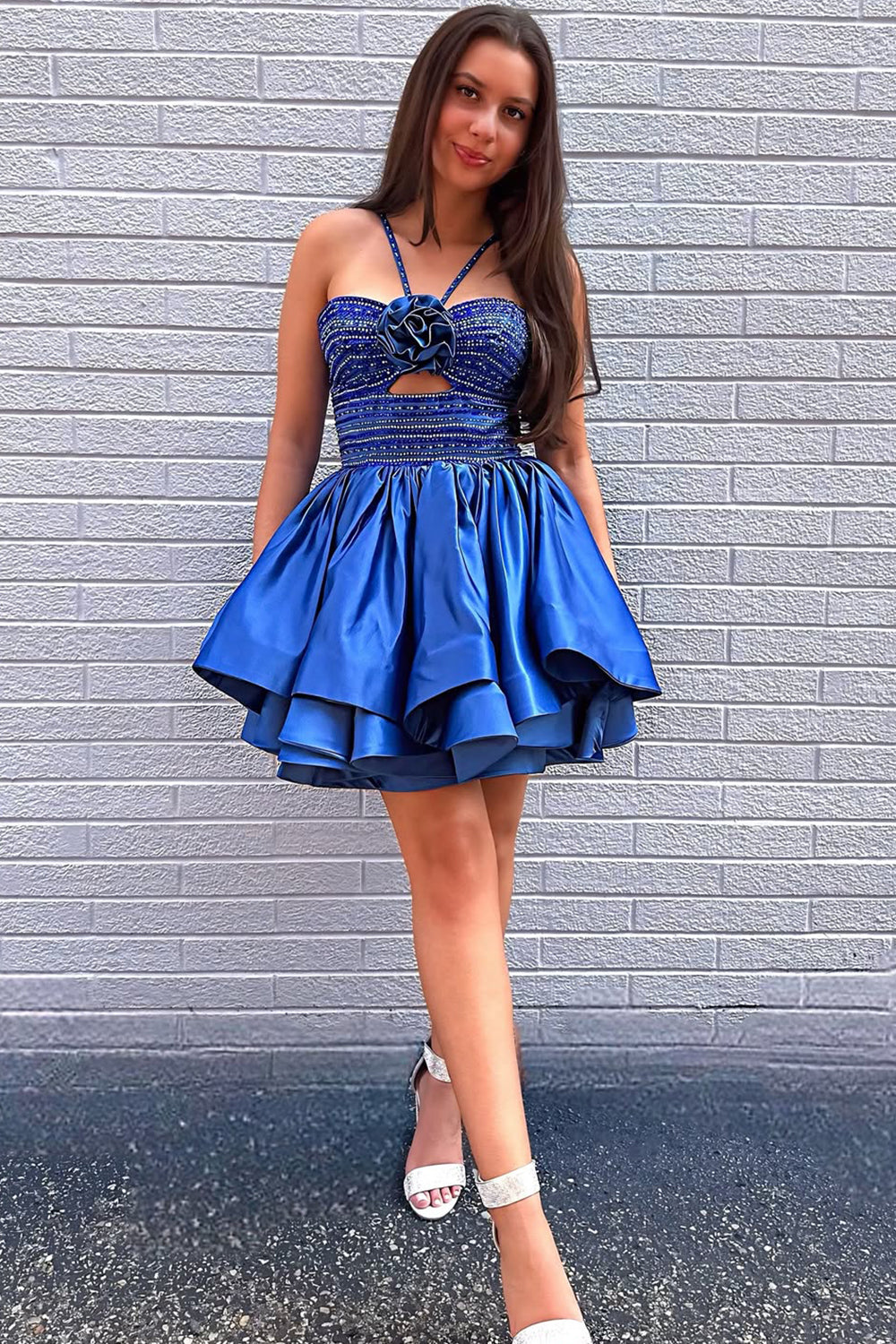 Vibrant Royal Blue A-Line Halter Neck Beaded Top Short Satin Homecoming Dress