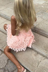 Vintage Inspired Pink Square Neck Fit and Flare Lace Homecoming Dress