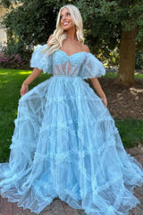 Whimsical Floral Tulle Off-The-Shoulder Dress with Belt for Formal Events