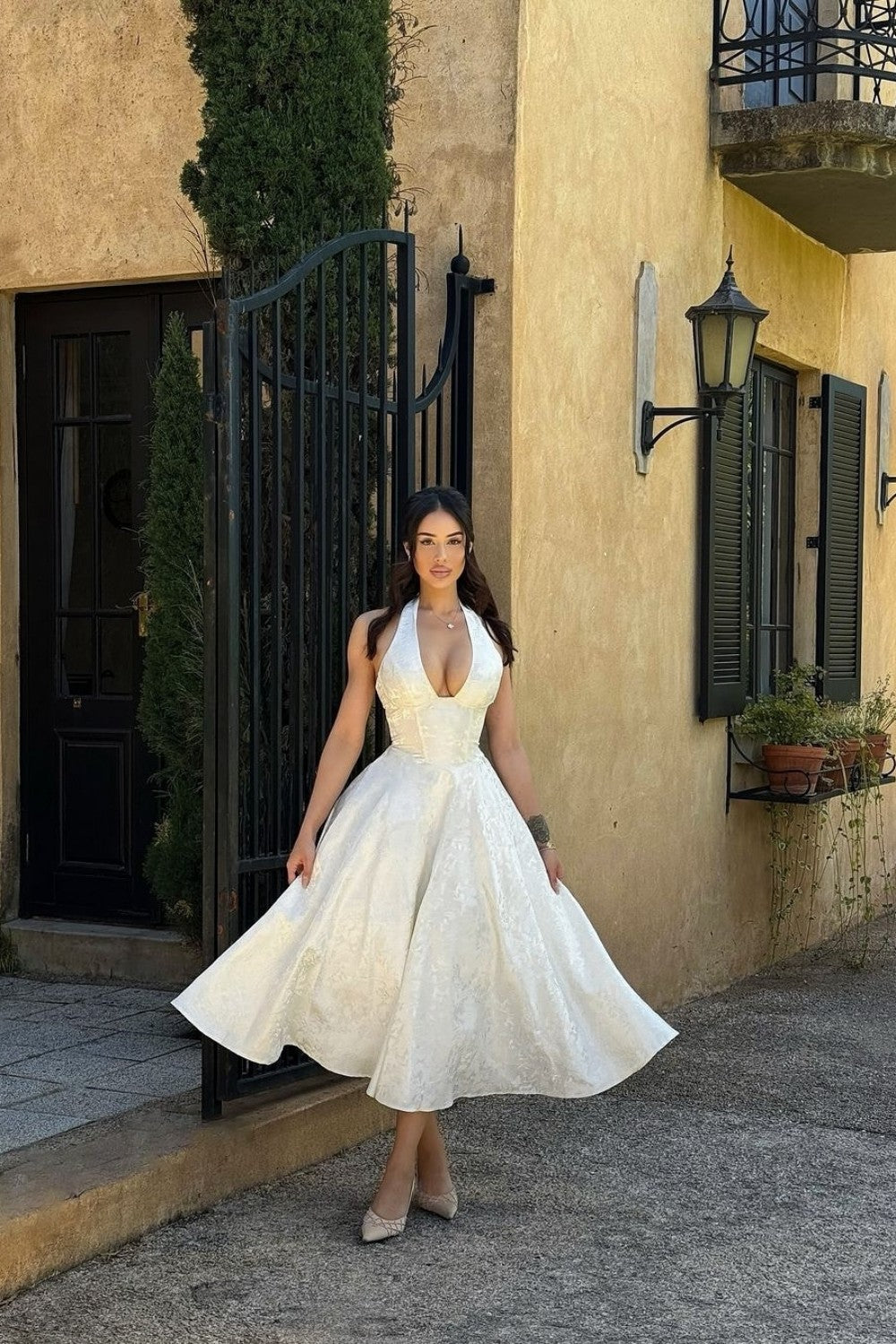 white prom dress midi Furlla Women White Halter A-Line Jacquard Midi Prom Dress with Structured  Corset Bodice – Furlla Official