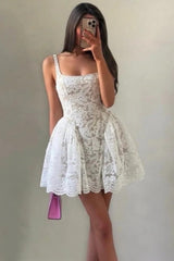 White Lace Bubble Hem Homecoming Dress with Square Neck