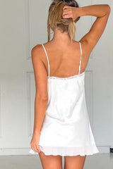 White Lace Trim Satin Spaghetti Straps Mini Homecoming Dress