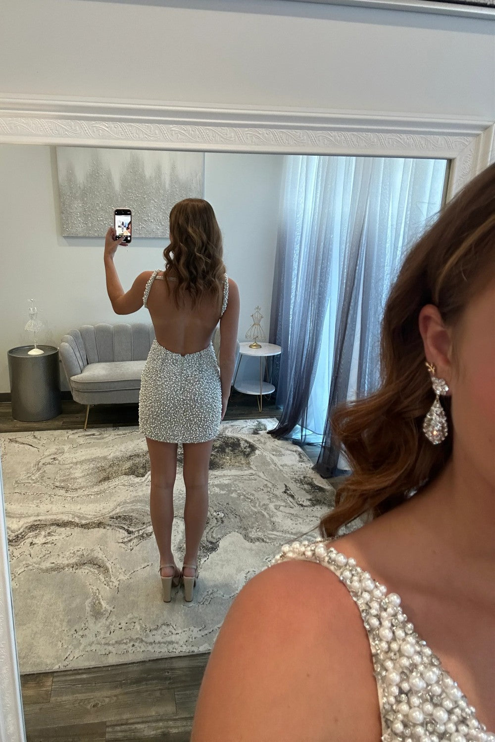 Furlla Women White Pearl Embellished Mini Homecoming Dress with Deep V-Neckline Furlla Official Furlla Women White Pearl Embellished Mini Homecoming Dress with Deep V-Neckline Furlla Official