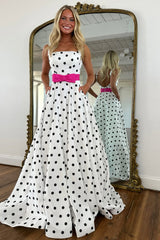 White Satin Strapless Polka Dot A-Line Prom Dress with Pink Bow