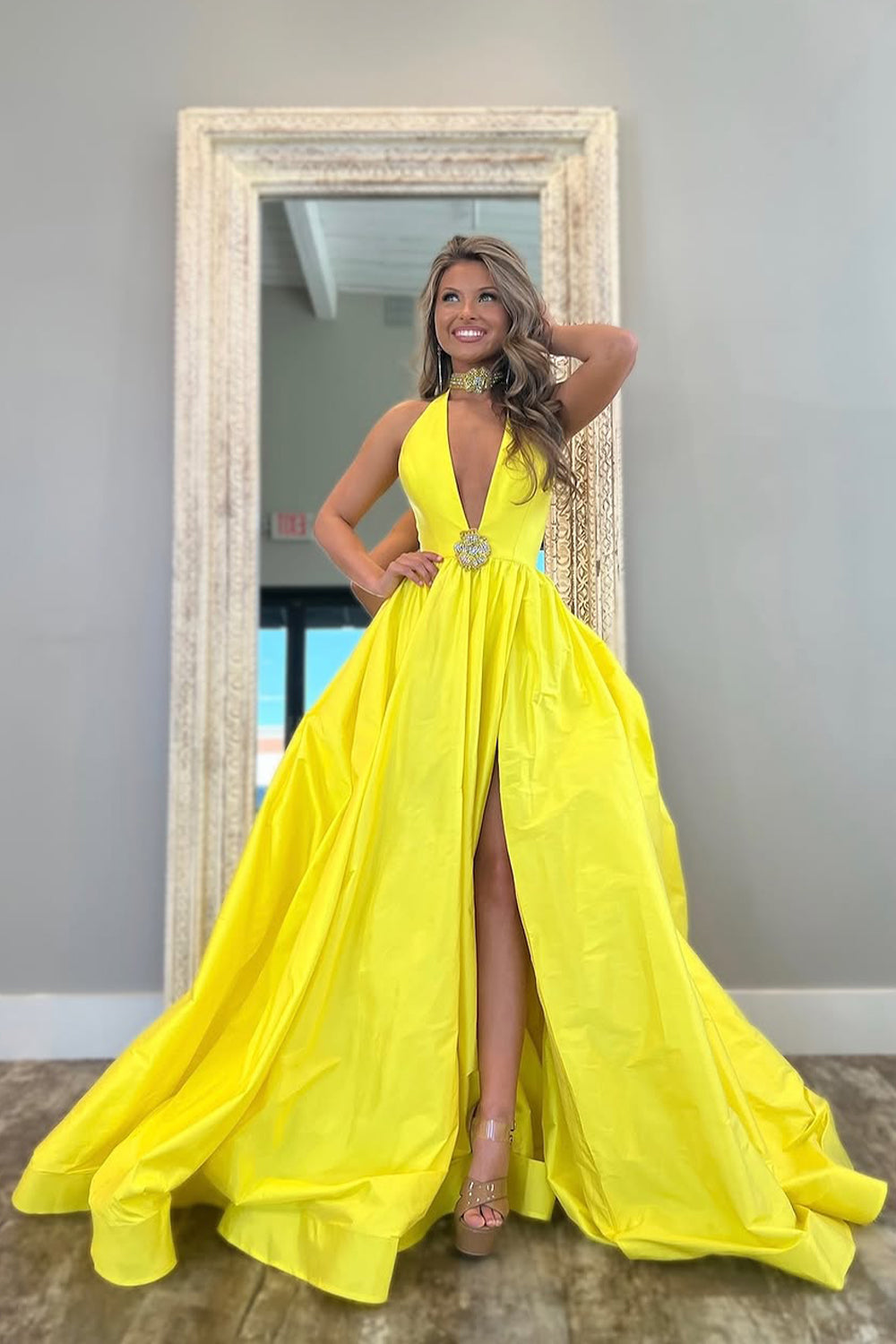 Furlla Women Yellow A-Line Long Satin Prom Dress with Deep V-Neck and Elegant Beading Furlla Official Furlla Women Yellow A-Line Long Satin Prom Dress with Deep V-Neck and Elegant Beading Furlla Official