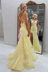 Yellow Lace Appliqué Deep V Neck Backless Mermaid Prom Dress with Slit