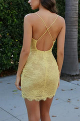 Yellow Lace Corset Homecoming Dress with Draped Skirt & Spaghetti Straps