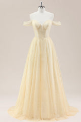 Yellow Off-Shoulder Corset Prom Gown Featuring Glitter Finish and Pearl Accents