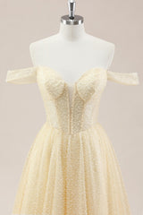 Yellow Off-Shoulder Corset Prom Gown Featuring Glitter Finish and Pearl Accents