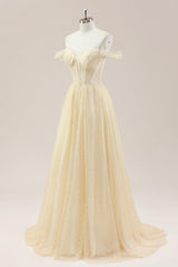 Yellow Off-Shoulder Corset Prom Gown Featuring Glitter Finish and Pearl Accents