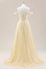 Yellow Off-Shoulder Corset Prom Gown Featuring Glitter Finish and Pearl Accents