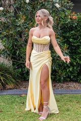 Yellow Spaghetti Strap Lace Up Satin Prom Dress with Sheer Corset and Slit