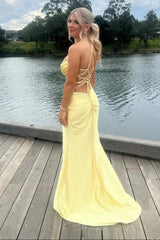 Yellow Spaghetti Strap Lace Up Satin Prom Dress with Sheer Corset and Slit