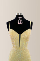 Yellow Sparkly Mermaid Prom Dress with Spaghetti Straps and Beaded Detail