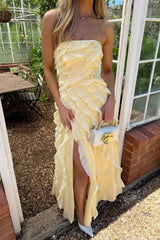 Yellow Strapless Ruffle Chiffon High Slit Long Prom Dress