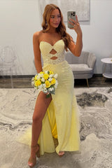Yellow Sweetheart Lace Up Cutout Prom Dress with Lace Details