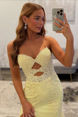 Yellow Sweetheart Lace Up Cutout Prom Dress with Lace Details