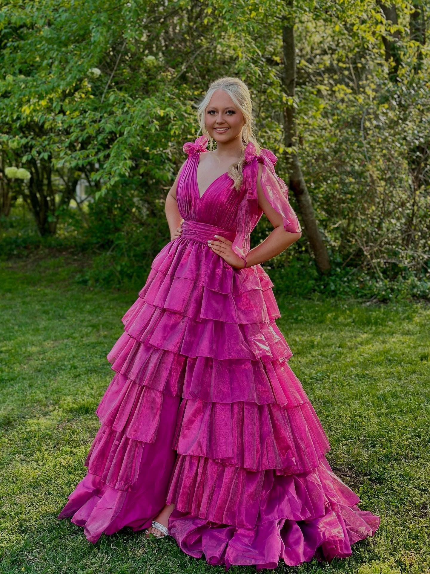 Princess A-Line Deep V-Neck Pink Long Tulle Prom Dress with Ruffles Slit