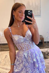 Lilac A-Line Floral Lace Corset High-Low Tiered Sequin Prom Dress with Slit