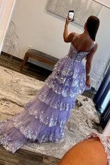 Lilac A-Line Floral Lace Corset High-Low Tiered Sequin Prom Dress with Slit