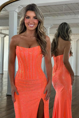 Glam Orange Strapless High-Slit Prom Dress with Corset Bodice and Sparkle