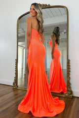 Glam Orange Strapless High-Slit Prom Dress with Corset Bodice and Sparkle